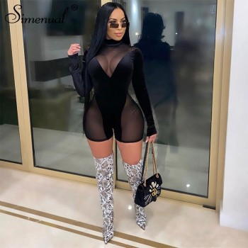 Simenual Mesh Velour Sexy Rompers See Through Long Sleeve Women Bodycon Skinny Night Clubwear Party Palysuits Black Hollow Out